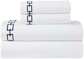 Superior Embroidered Cotton Sheet Set California King WhiteNavy Blue