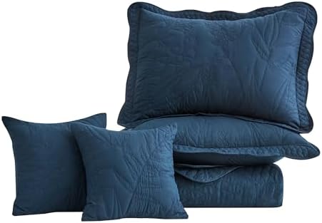 DaisyHuang Botanical Oversized Bedspread Set - Navy Leaves Pattern