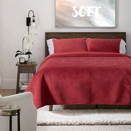 KASENTEX Ultra Soft Velvet Quilt Set King Size Red