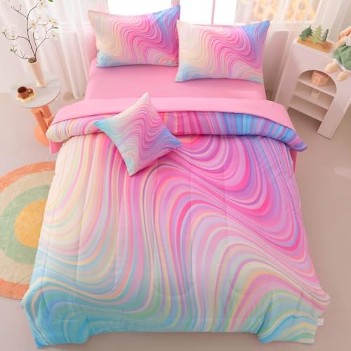 ASKOTU Girls Pink Blue Rainbow Comforter Set 6 Pcs