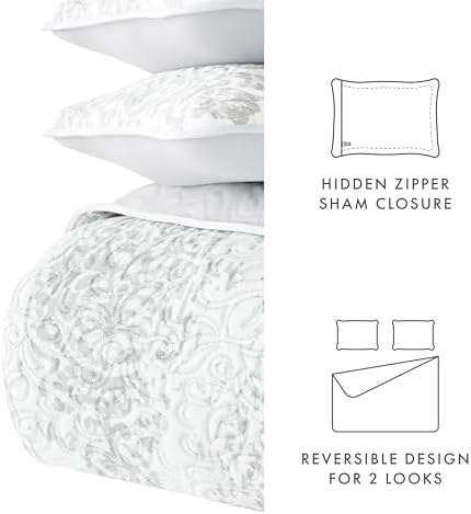 Linen Market Patterned Reversible Microfiber Quilt Set - KingCal-King Light Gray