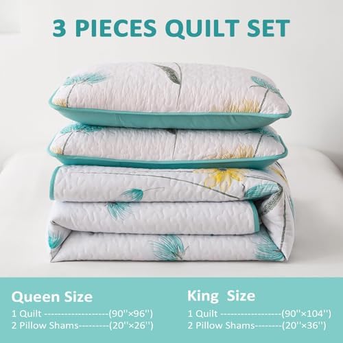 Dinjoy Floral King Quilt Set 3 Piece Aqua Farmhouse Bedding 1