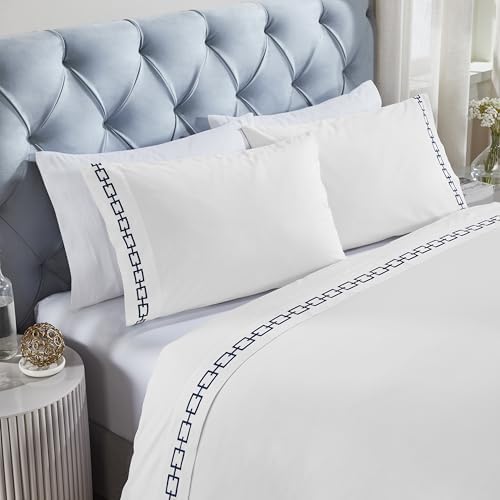 Superior Embroidered Cotton Sheet Set California King WhiteNavy Blue