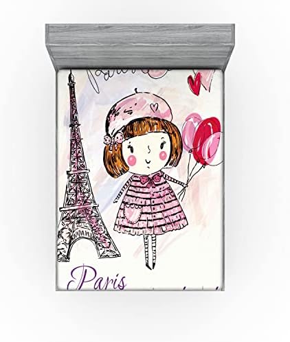 Ambesonne Paris Fitted Sheet - Pale Pink Purple White