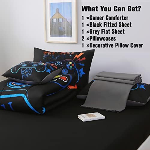 JQinHome Twin Gaming Comforter Set - 6 Piece Bed in a Bag