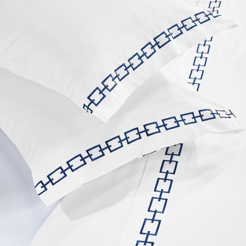 Superior Embroidered Cotton Sheet Set California King WhiteNavy Blue