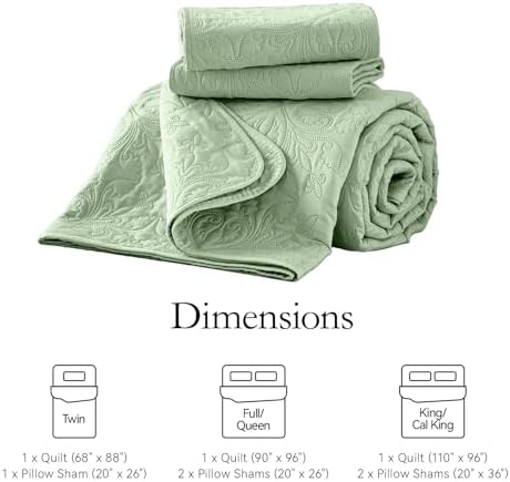 Akkialla Full Queen Quilt Bedding Set Light Green Microfiber Floral Pattern