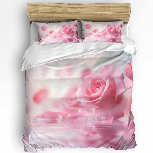 Boanket 3-Piece Pink Rose Duvet Cover Set with Zipper Closure