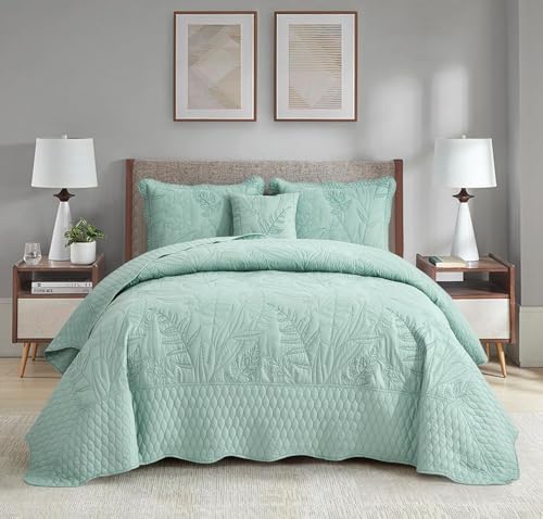 DaisyHuang Botanical Oversized Bedspread Set - Leaves Pattern Reversible 4 Piece