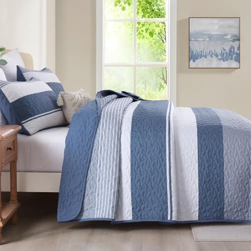 Dinjoy Boho Queen Quilt Set 3 Piece Mineral Blue Striped Bedspread