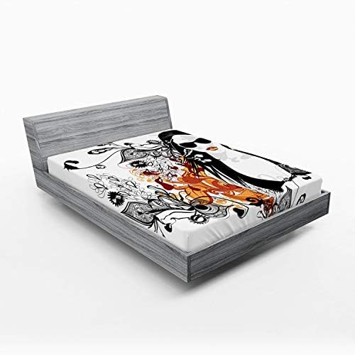 Ambesonne Orange Black Fitted Sheet with Floral Pattern