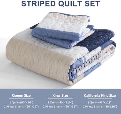 Dinjoy Blue King Quilt Set - Boho Beige Striped Lightweight 3 Piece Bedding