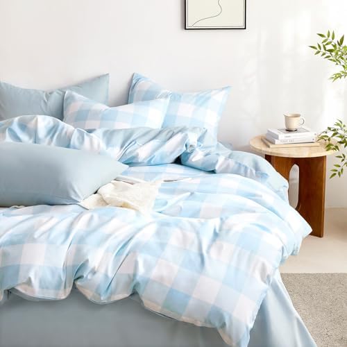 Wake In Cloud - Gingham Duvet Cover Set Light Blue White TwinTwin XL