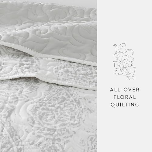 Linen Market Patterned Reversible Microfiber Quilt Set - KingCal-King Light Gray