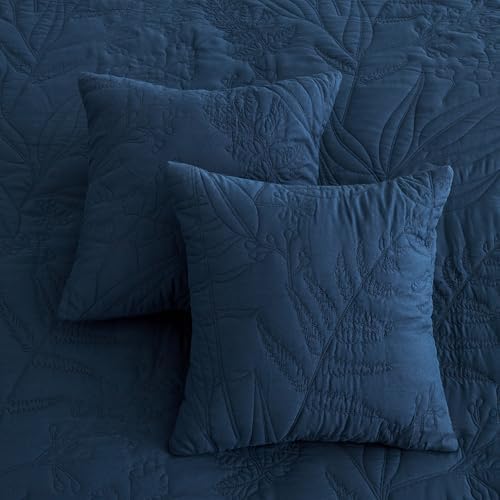 DaisyHuang Botanical Oversized Bedspread Set - Navy Leaves Pattern
