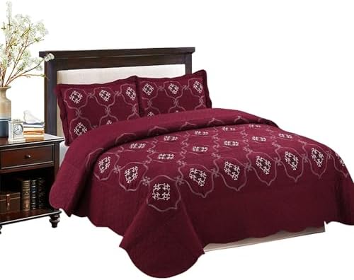 MarCielo 3-Piece Embroidery Quilt Set - Burgundy California King