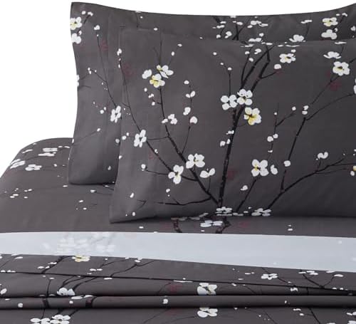 Plum Blossom Floral Grey Printed 600 Thread Count Cotton Blend Sheet Set