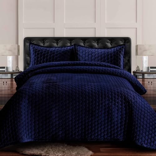 Tribeca Living Velvet Queen Quilt Set Navy Blue