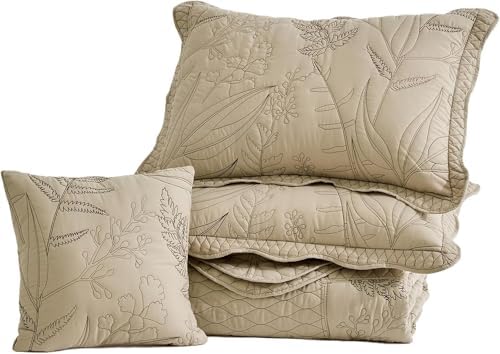 Botanical Bedspread Full Size Set - Leaves Pattern Stitched Quilt Cover