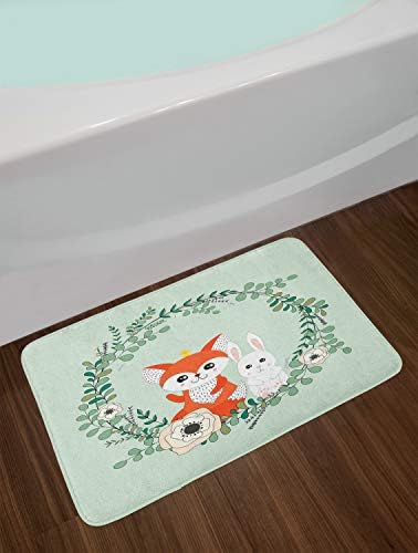 Ambesonne Cartoon Animal Bath Mat - Spring Friends Rabbit and Fox Floral