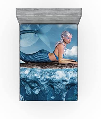 Ambesonne Mermaid Fitted Sheet - Navy Blue with White Graphic Print