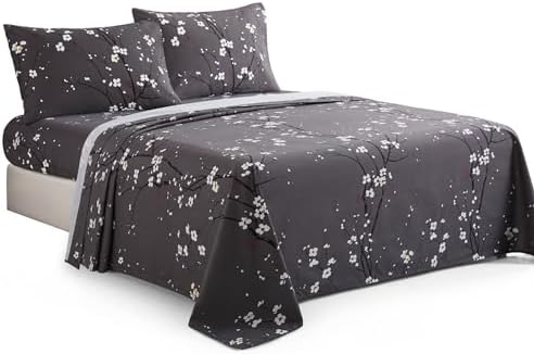 Plum Blossom Floral Grey Printed 600 Thread Count Cotton Blend Sheet Set