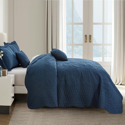 DaisyHuang Botanical Oversized Bedspread Set - Navy Leaves Pattern
