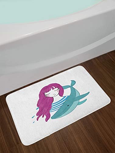 Ambesonne Retro Bath Mat Teenage Girl Funny Whale Turquoise Magenta