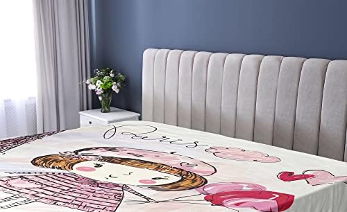 Ambesonne Paris Fitted Sheet - Pale Pink Purple White