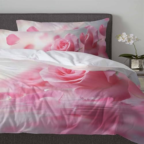 Boanket 3-Piece Pink Rose Duvet Cover Set with Zipper Closure