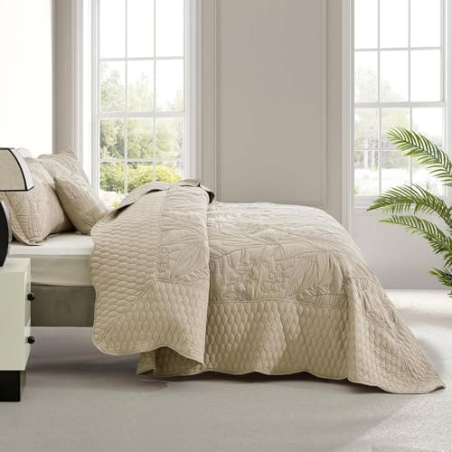 Botanical Bedspread Full Size Set - Leaves Pattern Stitched Quilt Cover