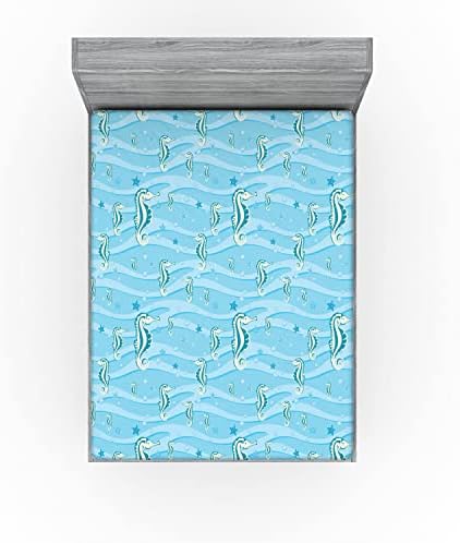 Ambesonne California King Fitted Sheet - Cartoon Seahorses Blue