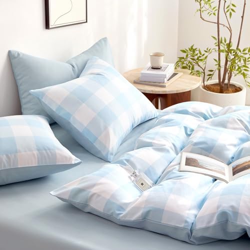 Wake In Cloud - Gingham Duvet Cover Set Light Blue White TwinTwin XL