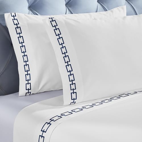 Superior Embroidered Cotton Sheet Set California King WhiteNavy Blue