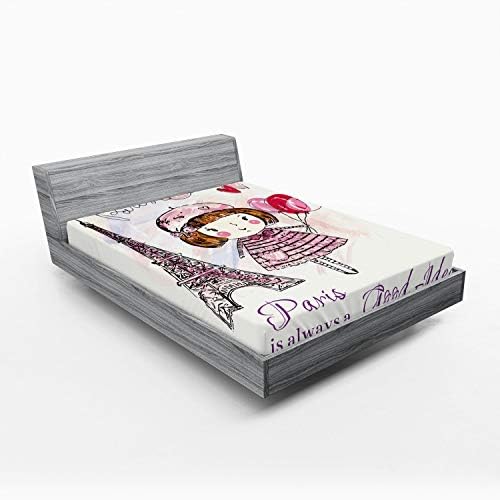 Ambesonne Paris Fitted Sheet - Pale Pink Purple White