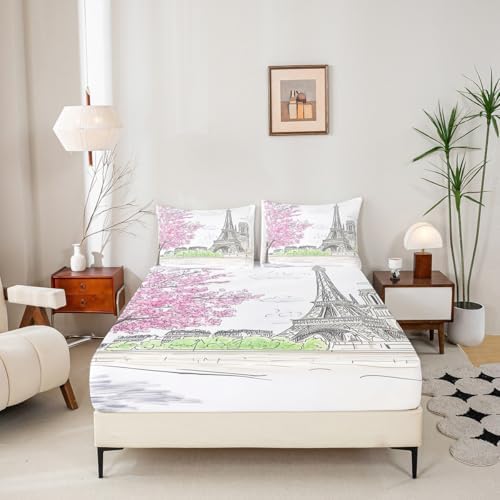 Jejeloiu Paris Themed Sheet Set with Pillowcase for Kids