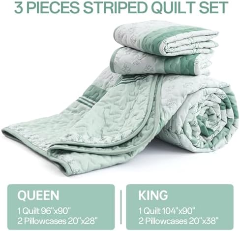 DJY Green Striped King Size Quilt Set with 2 Pillowcases