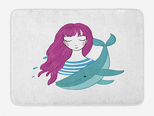 Ambesonne Retro Bath Mat Teenage Girl Funny Whale Turquoise Magenta