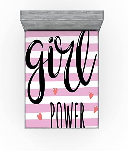 Ambesonne Lettering Fitted Sheet - Girl Power Striped Hearts