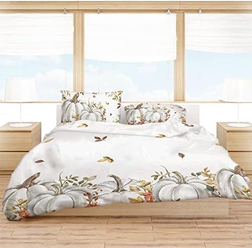 OComster California King Duvet Cover Set with Grey Pumpkin Flower Design