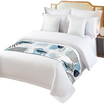 Boho Blue Bed Runner Scarf with Tropical Leaves Design