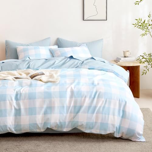 Wake In Cloud - Gingham Duvet Cover Set Light Blue White TwinTwin XL