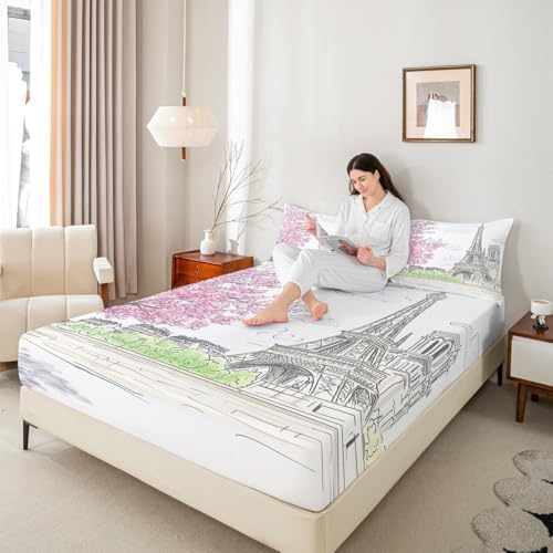 Jejeloiu Paris Themed Sheet Set with Pillowcase for Kids