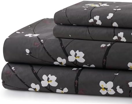 Plum Blossom Floral Grey Printed 600 Thread Count Cotton Blend Sheet Set