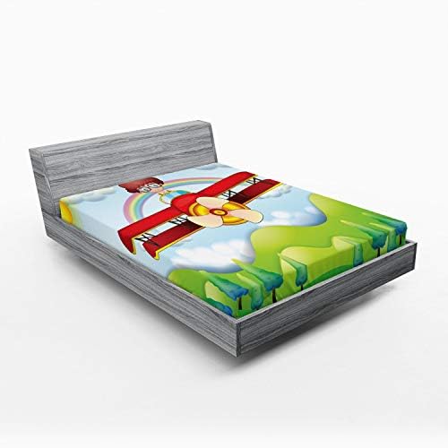 Ambesonne Multicolor Cartoon Airplane Fitted Sheet
