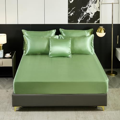 Green Queen Comforter Set with 8 pcs Satin Bedding