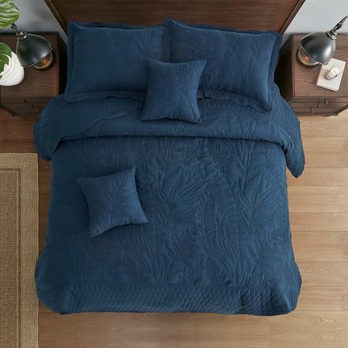 DaisyHuang Botanical Oversized Bedspread Set - Navy Leaves Pattern