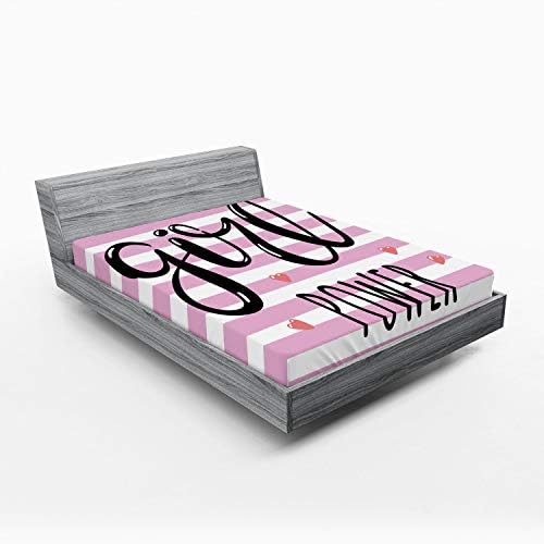 Ambesonne Lettering Fitted Sheet - Girl Power Striped Hearts