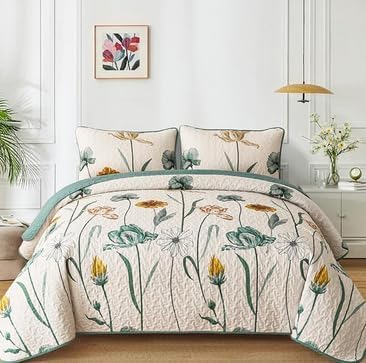 Wongs Bedding Floral Quilt Set Full Green Yellow