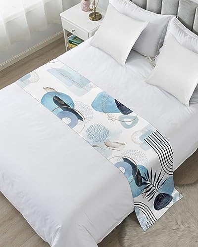 Boho Blue Bed Runner Scarf with Tropical Leaves Design